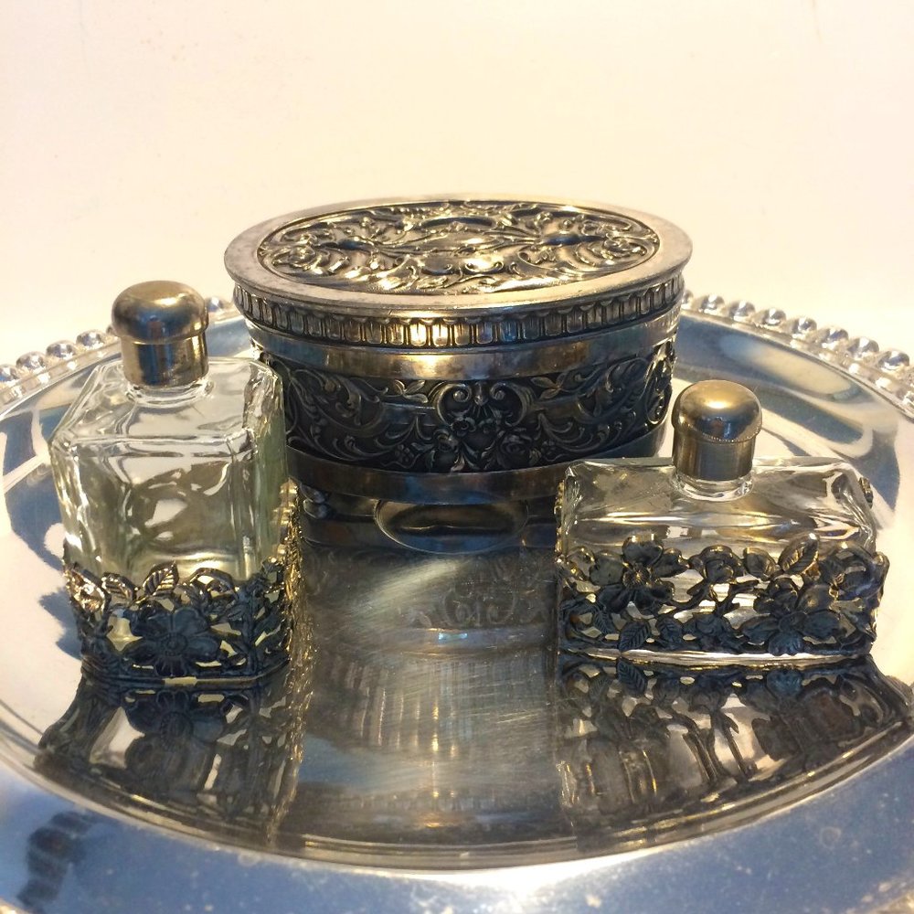 Silver Pewter 3pc Vanity Perfume Set Vintage Trinket Box